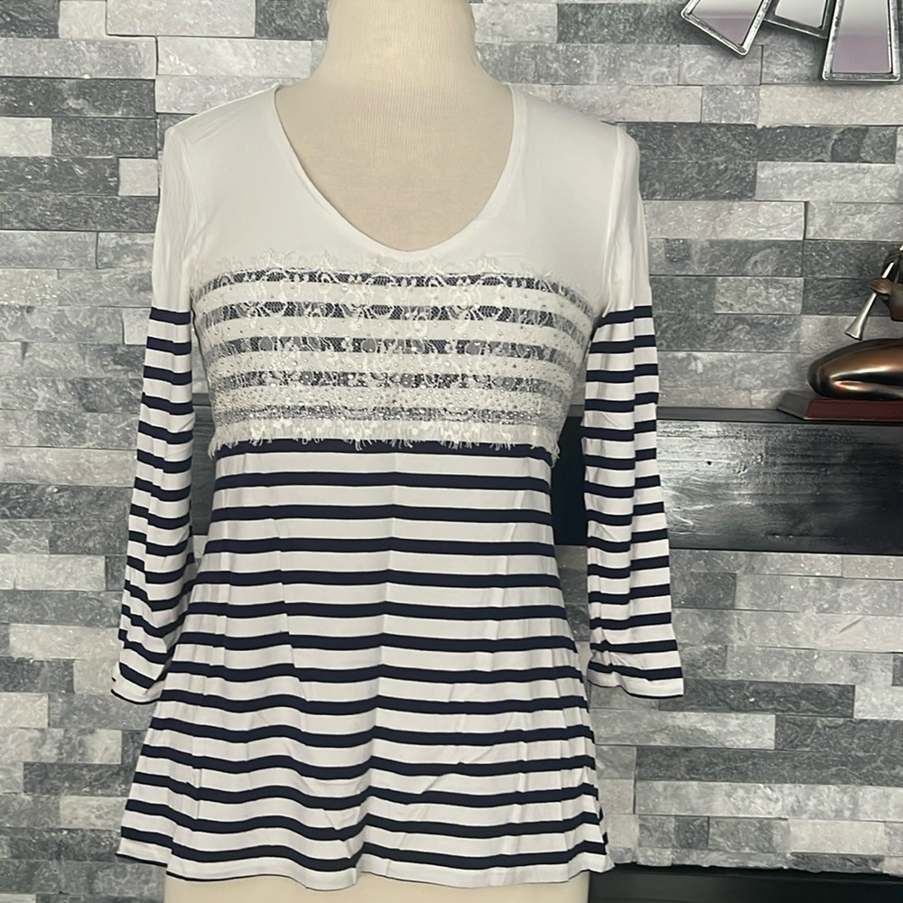 White House Black Market Top Women's S Striped Navy Blue Lace Rhinestone